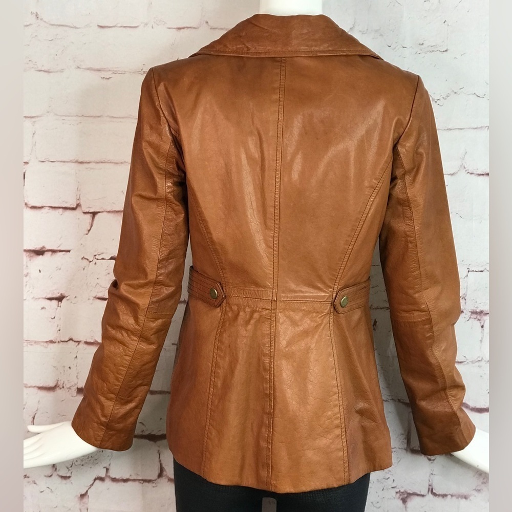 ANDREW MARC XS Caramel Brown British Cafe Racer Leather Moto Jacket Size XS - Picture 3 of 16